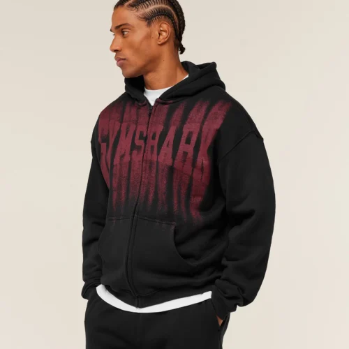 GYMSHARK FADE GRAPHIC ZIP THROUGH HOODIE – BLACK/SETS RED