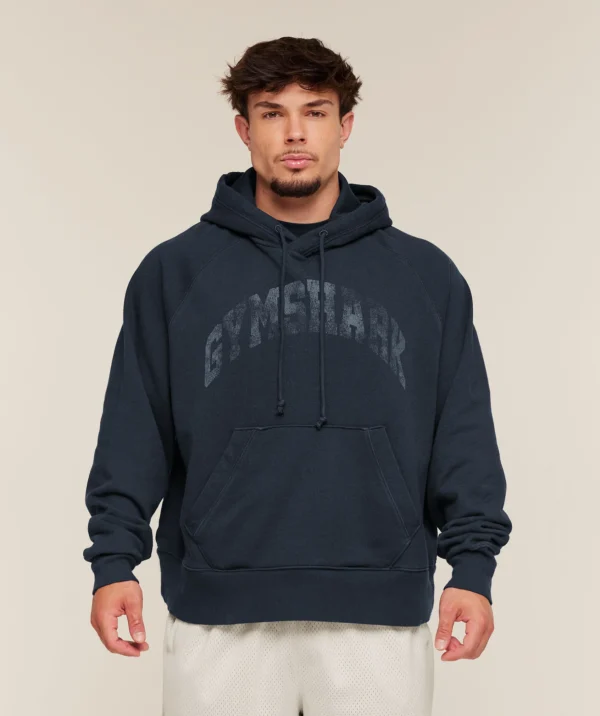 GYMSHARK RETRO COLLEGIATE GRAPHIC HOODIE – HEAVY BLUE